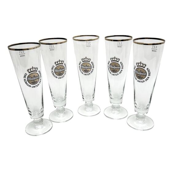 Warsteiner Beer Glasses Set Of 5 Pilsner Gold Rim German 0.2L Footed 8 Inch Tall - Picture 1 of 9